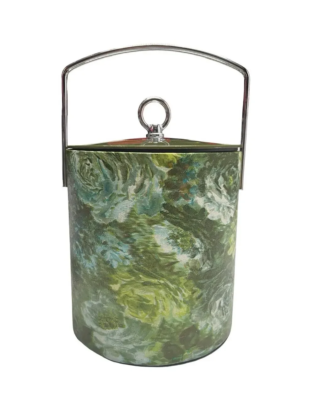 Vintage 1970's Retro Floral Green Vinyl Barware Handled Ice Bucket with Lid
